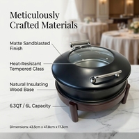 Runder Mattschwarzer Chafing Dish mit Holzmaserung-Ständer, Glasdeckel, Edelstahl-Buffet-Speisenwärmer für Hotel, Bankett und Catering