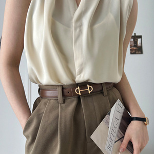Cinturón de Cuero de Grano Completo de Alta Gama para Mujer, Estilo Francés, Versátil, con Hebilla Dorada - Product Image 1
