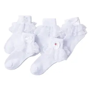Primavera otoño encaje arco perla bebé niña calcetines venta al por mayor volantes calcetines blancos para niños