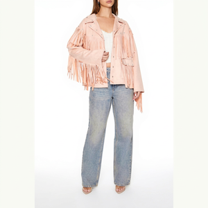 Premium Pink Women Fringe Lambskin Leather Jacket Fashion Genuine Leather Western Jacket Sample And Customization Available - Product Image 1