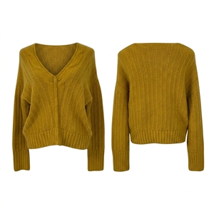 <strong>Women's</strong> Deep V-Neck Knitted Sweater <strong>Mustard</strong> Yellow Mohair-Like Fuzzy Pullover Vertical Seam Slouchy Ribbed <strong>Jumper</strong> - Product Image 3