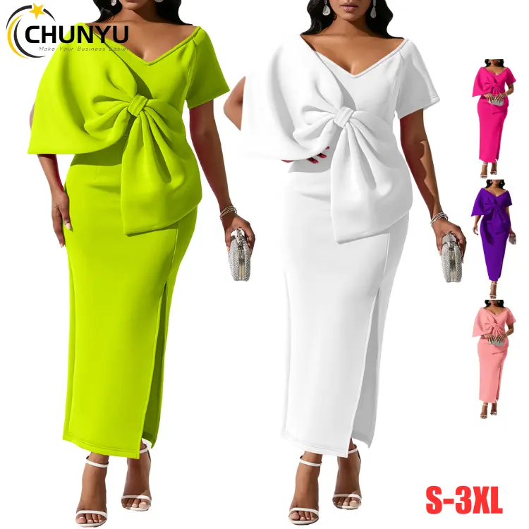 Women's Sexy V Neck Short Sleeve Tie Bow Formal Solid Business Cocktail Pencil Package Hip Slit Maxi Dress