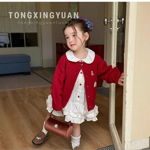 Tongxingyuan Girls' Knitted <b>Cardigan</b> Dress Set Cotton Peter Pan Collar Autumn Outfit Children's Clothing - Product Image 1