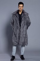 Nouveau manteau long en fausse fourrure noire pour homme, vêtement d'extérieur chaud pour l'hiver avec col en fourrure style lapin
