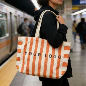 Summer Custom Large Striped Fashion Eco-Friendly <b>Beach</b> Reusable Wholesale <b>Canvas</b> Tote Bags with Zipper Closure Shoulder Strap - Product Image 4