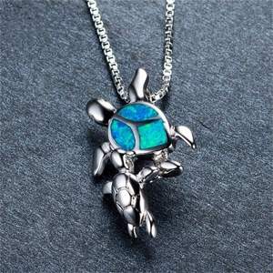 Cute Turtle Mom with Baby Tortoise Pendant <b>Necklaces</b> for Women Vintage Black Gold White Blue Fire <b>Opal</b> Chain <b>Necklace</b> - Product Image 4