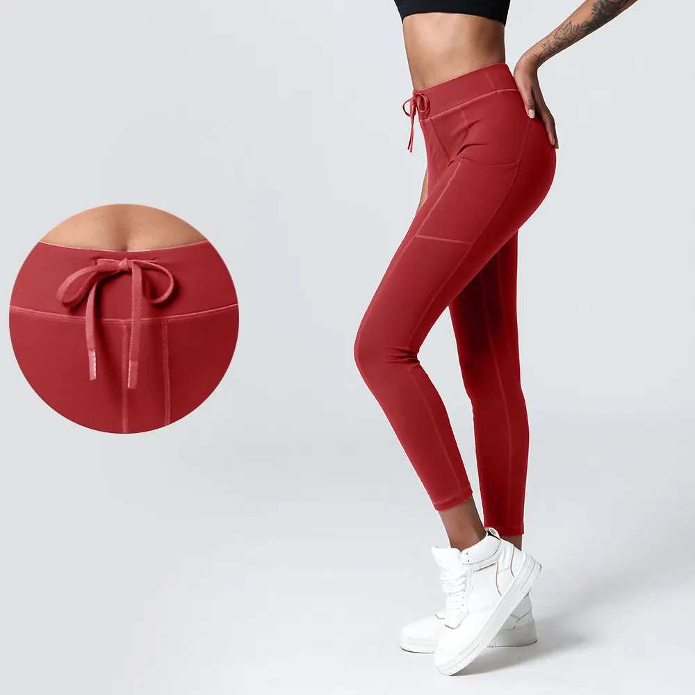 Tiktok Custom Drawstring Side Pocket Sports Yoga Leggings Women Outdoor Running Wear High Waist Gym Tight Yoga Pants Trousers