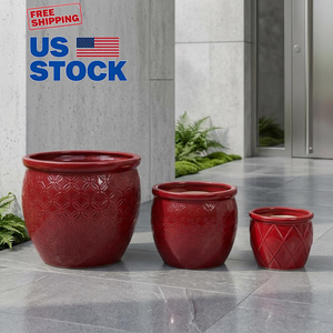 Juego de Tres Macetas de Cerámica Hechas a Mano, Disponibles en Stock, a Bajo Precio, de 15, 12 y 10 Pulgadas de Profundidad, Color Rojo Intenso con Relieve Floral, para Orquídeas - Product Image 2