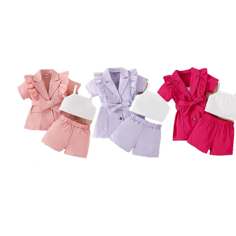 Fuyu Peuter Meisjes 3-delige Outfits Kinderen Trendy Zomer Kleding Cami Crop Top + Mouwloos Vest Blazer + Korte Broek Pak