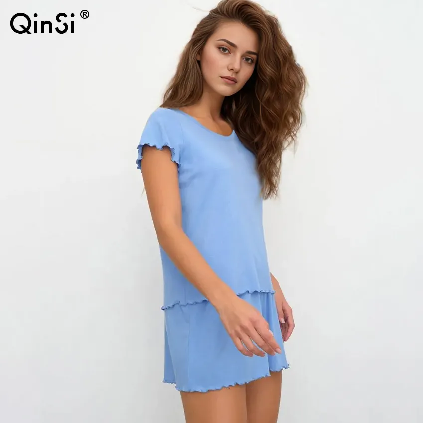QINSI 캐주얼 여름 여성 잠옷 세트 O-넥 잠옷 짧은 소매 잠옷 하이 웨이스트 반바지 느슨한 홈 실내복 여성