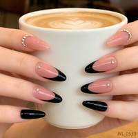 Lot de faux ongles amande noirs à pointe française avec strass, à presser, pour doigts