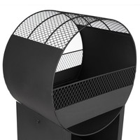 Brasero en fer semi-circulaire robuste avec grille de protection et base de rangement en bois pour patio extérieur, jardin et camping