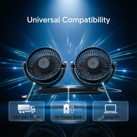 Ventilateur de voiture à double tête, trois vitesses, oscillation automatique à 180 degrés, 10W, 12V/24V avec 2 ports USB pour voiture et camion