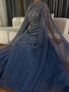 Abito da sera Serene Hill LA72728 a collo alto con perline, linea ad A, con mantello in tulle, elegante, blu polvere, stile arabo, per feste formali da donna - Product Image 4