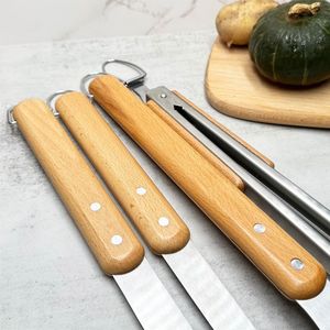 Juego de 4 utensilios para asar de madera de acacia con mango de madera y acero inoxidable, accesorios para parrilla, accesorios para exteriores, herramientas para barbacoa - Product Image 4