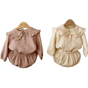 HANOU vestiti per neonate bimbe in cotone biologico con colletto arruffato a maniche lunghe Top + pantaloni di pane abbigliamento Casual coreano - Product Image 1