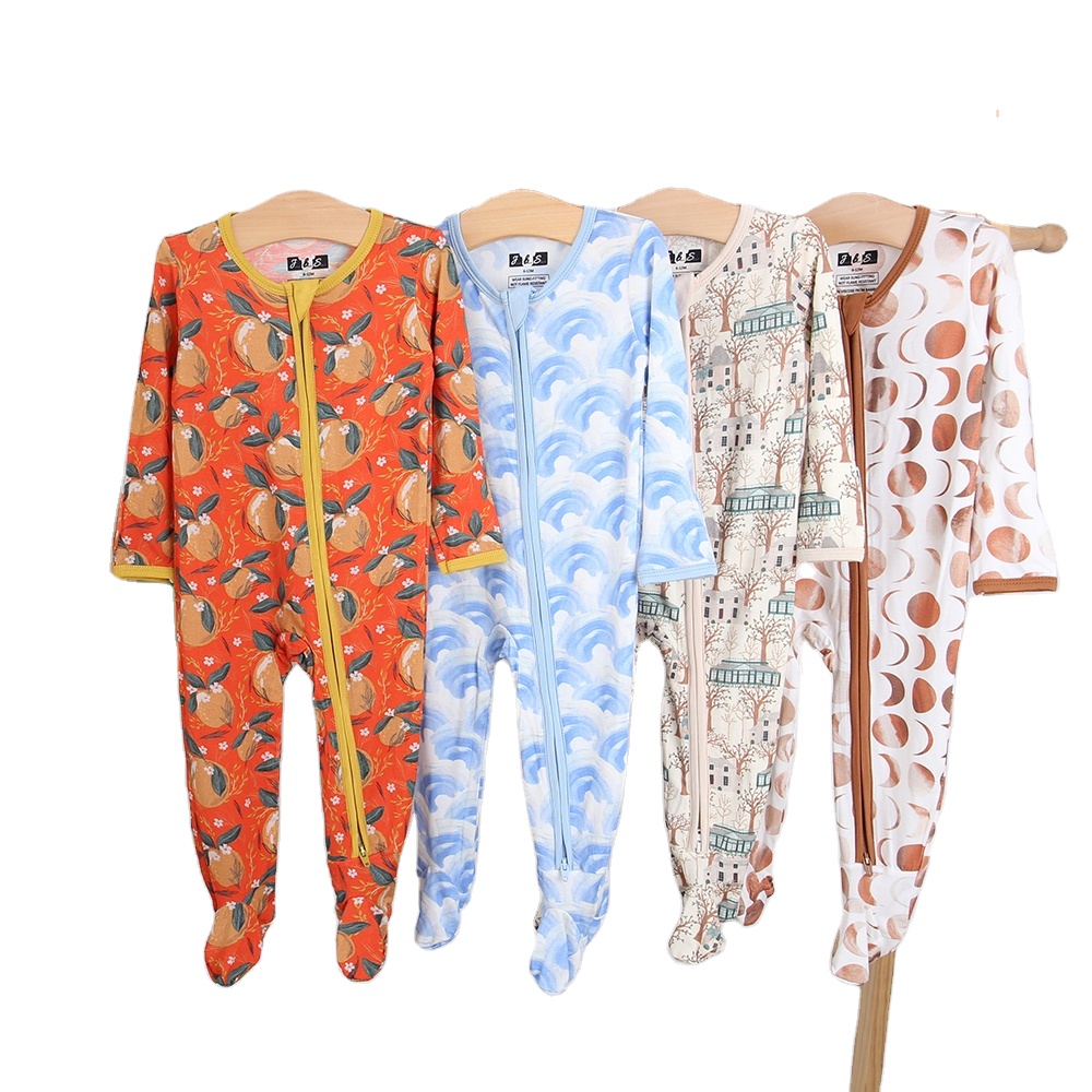 Wholesale Custom Print Best Seller Bamboo Zip Baby Romper Soft Breathable Footie Romper Cartoon Printed Baby Clothing Romper