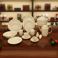 Service de table en porcelaine fine 60-66 pièces avec bord doré, écologique et compatible lave-vaisselle pour 6 personnes