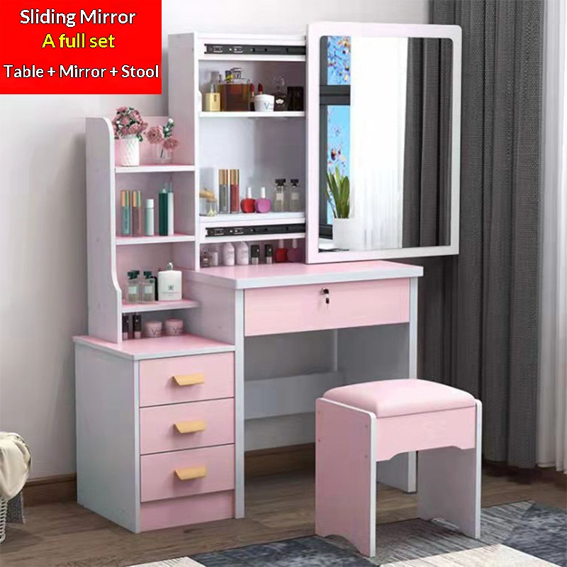 tabouret à miroir coulissant rose armoire gauche