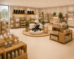 Diseño de Interiores de Lujo para Tienda de Bebés Estilo Wabi Sabi, Proyecto Integral de Diseño de Tienda Minorista Minimalista Nórdica con Madera de Roble y Microcemento - Product Image 1