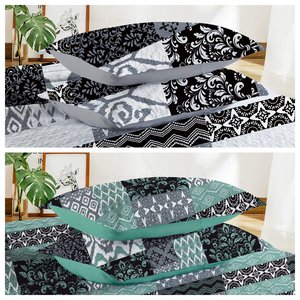 Impreso Patchwork patrón poliéster Material negro <span class=keywords><strong>turquesa</strong></span> Color 3 uds juego de cama <span class=keywords><strong>colcha</strong></span> para tamaño Queen/King - Product Image 4