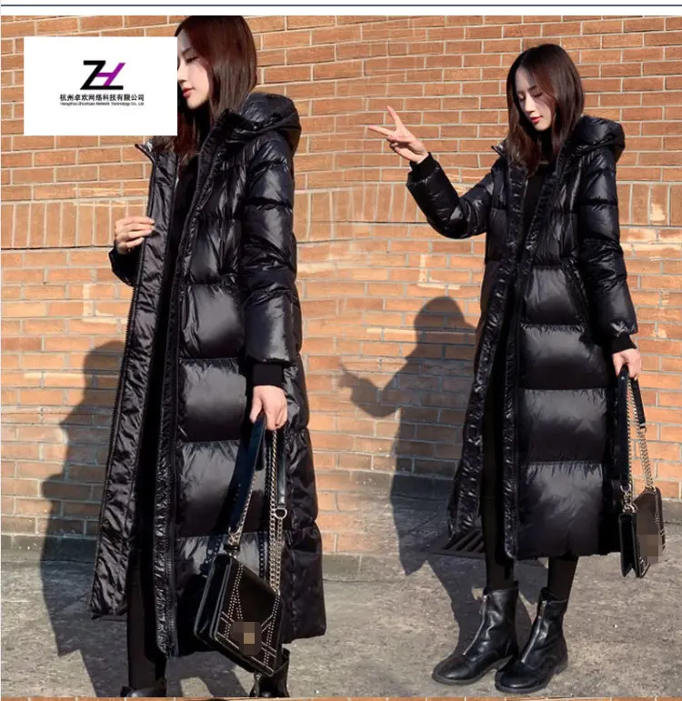 Black Glossy Parka Coat Women's 2021 Fashion Thicken Winter Hooded Loose Long Female Windproof Rainproof Warm Outwear