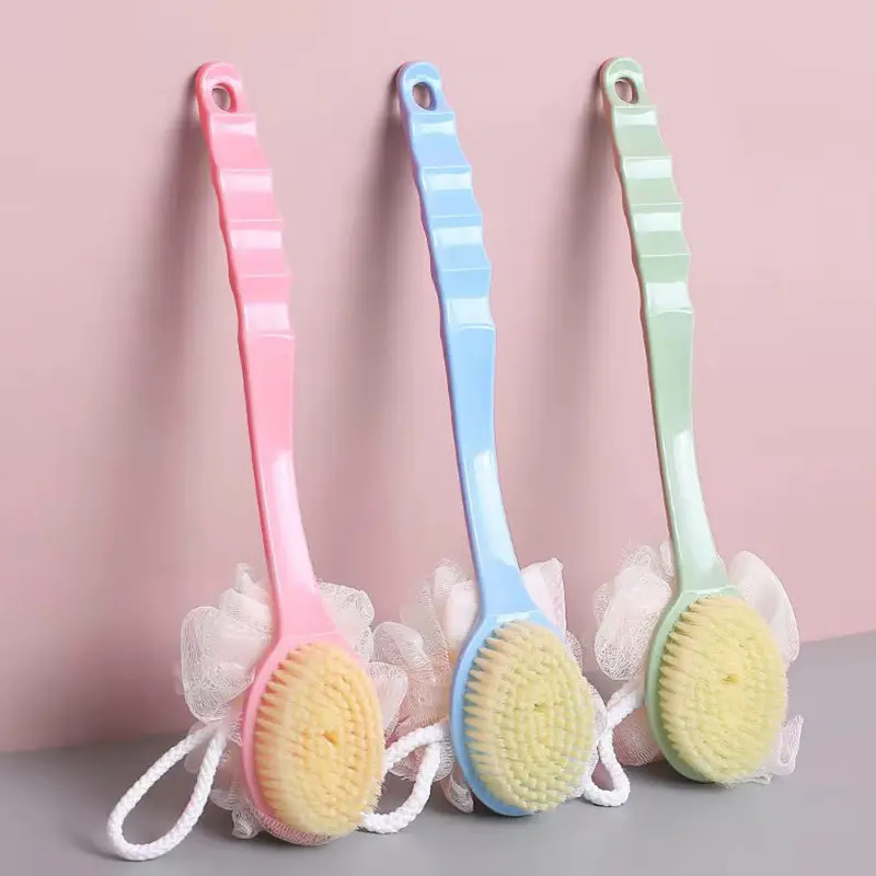 Shower Body Brush with Bristles and Loofah, Bath Mesh Sponge with Curved Long Handle for Skin Exfoliating Bath