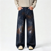 Pantalon large longueur cheville style américain rétro, motif ciel étoilé dégradé en encre, avec points blancs galactiques, pantalon tendance graffiti