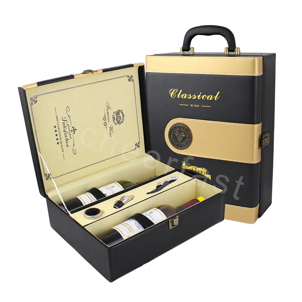 Christmas Hot Selling Red Wine Box Custom Pu Leather Boxes Lacquer Gift Box And Double With 4pcs Bar Tools