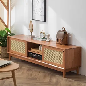 Hot Sale New Design Simple Classic Wooden Rattan Wall Cabinet Living Room Rattan Furniture TV Stand