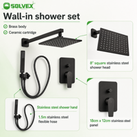 Set Shower Dinding SOLVEX Timur Tengah dengan Kepala Shower Persegi 8 inci dari Baja Anti Karat, Set Sistem Shower Tangan, Keran Kamar Mandi
