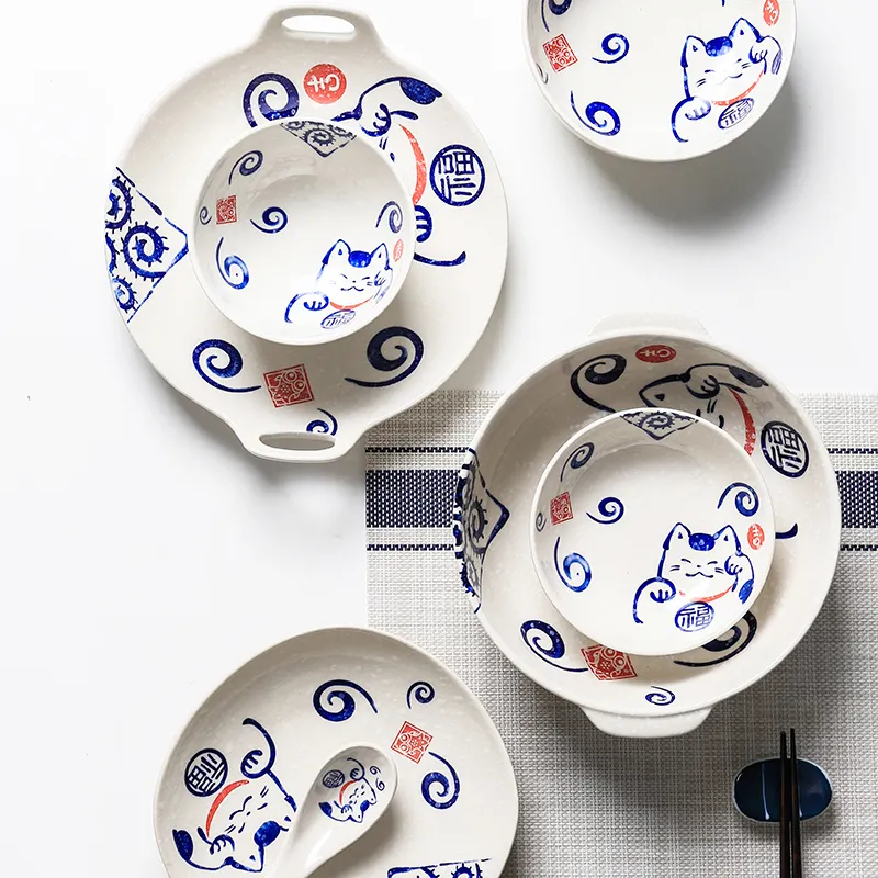 Unique Pattern Design Ceramic Dishes Set Cute Cartoon Cat Printing Irregular Plates Round Salad Rice Bowls For Restaurant 1544