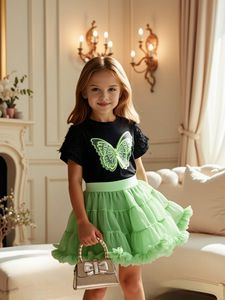 Conjunto de Ropa para Niñas Pequeñas al por Mayor, Camiseta de Manga Corta con Flores de <span class=keywords><strong>Tul</strong></span> + <span class=keywords><strong>Falda</strong></span> de <span class=keywords><strong>Tul</strong></span> en Capas Sólida, Conjunto de 2 Piezas - Product Image 6