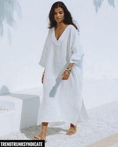 Luxury Women's Linen/Cotton <b>Kaftan</b> Casual Eco-Friendly Breathable A-Line Maxi <b>Dress</b> Plus Size Summer <b>Beach</b> Cover Natural Waist - Product Image 5