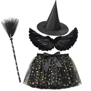 Conjunto <span class=keywords><strong>de</strong></span> disfraces <span class=keywords><strong>de</strong></span> Halloween <span class=keywords><strong>de</strong></span> 4 piezas para niñas, negro con estrella, tela <span class=keywords><strong>de</strong></span> araña, falda tutú <span class=keywords><strong>de</strong></span> malla impresa, sombrero <span class=keywords><strong>de</strong></span> <span class=keywords><strong>bruja</strong></span>, escoba, alas <span class=keywords><strong>de</strong></span> plumas - Product Image 3