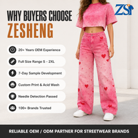 Ensemble 2 pièces Zesheng Y2K esthétique rose délavé à l'acide avec imprimé cœur, t-shirt court vintage et pantalon large pour femme