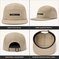 Casquette de course beige personnalisée avec logo, 5 panneaux, perforations découpées au laser, respirante, pour le sport, vente en gros, fournisseur en vrac