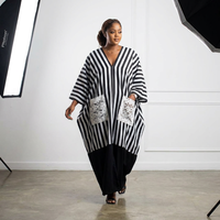 Robe longue décontractée d'été pour femme grande taille, style Bubu, élégante, noire à rayures blanches, avec poches en dentelle – Nouvelle collection 2025 – Vente en gros