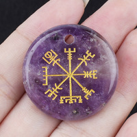 Pendentif Rond en Améthyste Naturelle et Œil de Tigre 30mm, Disque Boussole Viking Vegvisir, Pierre de Guérison, Vente en Gros