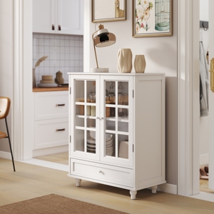 Minimalist White Buffet Cabinet with Double Glass Doors and Drawer Modern Wooden <b>Storage</b> Sideboard for Living Room - Product Image 2
