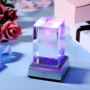 Wedding Gifts Led Light Glass Crystal Cube Rose 3D Laser Engraved Crystal Blank With Base For Christmas Present