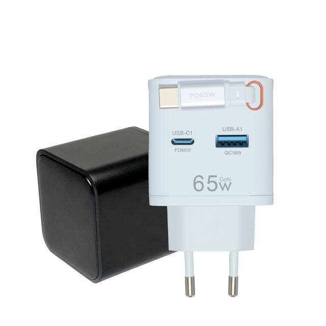 Hot Selling Built-in Retractable Cable PD PPS GaN 65W Type C Fast Charging Mobile Phone Charger for Laptop Android Cell Phone