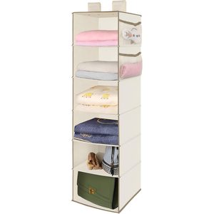 Organisateur de placard suspendu à 6 niveaux, étagère de rangement pliable avec poches en filet pour vêtements et accessoires de chambre à coucher, beige - Product Image 1