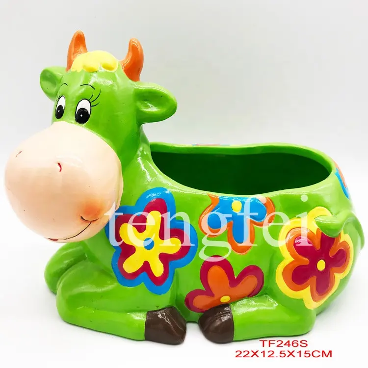 wholesale cheap Decorative Animal Ceramic cow Shape Cattle Planter Handmade Color cute home planter Kawaii Flower Pot