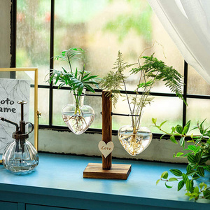 Retro Wooden Stand Heart Glass Hydroponic Vases Modern Plant Propagation Desktop Planter Home <b>Garden</b> Cylinder Shape - Product Image 2