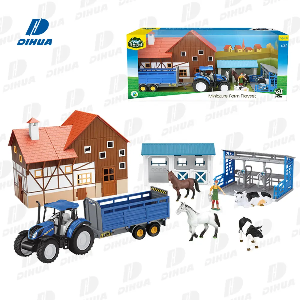 Büyük hasat çiftlik new holland traktör oyun seti plastik çiftlik hayvan oyuncak çocuklar için, dahil süt istasyonu, at kalkanı, ahır