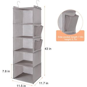 Organisateur de placard suspendu à 5 niveaux avec poches latérales, rangement pliable pour vêtements et serviettes de chambre, gris clair - Product Image 3