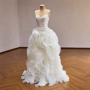 Robe de mariée formelle Jancember 261046 en tulle à volants, avec bretelles spaghetti, motif losanges blancs et <span class=keywords><strong>taille</strong></span> basque - Product Image 2
