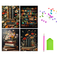 Lot de 4 kits de peinture diamant DIY pour adultes, nature morte classique avec livres empilés, art diamant 5D à forage complet pour décoration murale