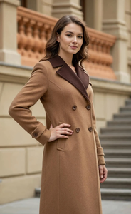 <b>Women</b>’s Camel Brown <b>Wool</b> Trench <b>Coat</b> with Contrast Chocolate Lapel Elegant Long <b>Double</b> <b>Breasted</b> Tailored Overcoat Premium Winter - Product Image 2